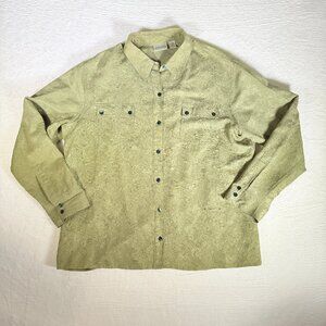 Chicos Shirt Womens Size 2 Green Silk & Linen Textured Paisley Button Pocket‎